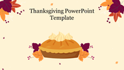 Thanksgiving slide with a pie illustration in the center, surrounded by autumn leaves and berries on a beige background.