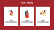Slide showcasing musicians performing with a microphone, bass, and saxophone, each with caption areas.
