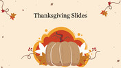Thanksgiving slide featuring a pumpkin surrounded by autumn leaves and flowers on a light beige background.