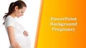 Pregnant woman standing with hands on her belly, wearing a white shirt, against an orange gradient backdrop.