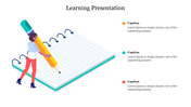 Learning-themed illustration with a person writing on a spiral notebook, alongside three colorful caption sections.