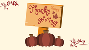 Thanksgiving themed PowerPoint template with a pumpkin and autumn leaves illustration.
