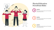 Physical education slide featuring illustrated characters engaged in fitness activities with three caption sections.