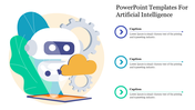 AI themed slide with an illustrated robot holding a cloud icon and gears in the background, featuring three text captions.
