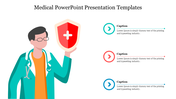 Illustration of a doctor holding a red shield with a white cross, with three captions in colored arrows on the right.