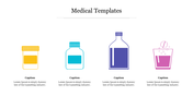 Colorful illustrations of medical bottles and containers, including a pill bottle, liquid bottle, and glass of medication.