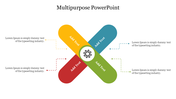 Four overlapping elongated rounded shapes in yellow, blue, red, and green form a cross, centered with a gear icon.