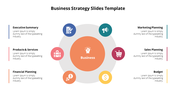 Circular business strategy diagram with six colorful icons around a central orange circle, each with corresponding captions.