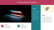 IT slide with a photo of a glowing laptop, colored panels with text on the right, and tech icons including cloud and desktop.