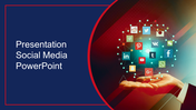 Slide with a navy blue section containing text and a vibrant social media network design over a hand on the right.