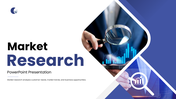 Market Research slides with blue theme, magnifying glass visuals, charts, graphs, icons, and structured analysis sections.