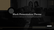 Minimalist black template featuring bold white text overlaying an office scene with decorative elements.