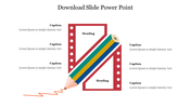 Slide with a colorful pencil illustration drawing a line, surrounded by text placeholders for captions and headings.