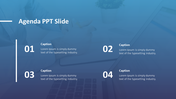 Agenda slide with four white numbered points and captions on a blue gradient background with a faint office image overlay.