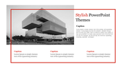 Stylish layout with black and white building photo, bold red accents, and three bottom beneath a central title section.