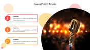 Music slide with playful circular graphics, three caption boxes in red, orange, and yellow, and a concert stage mic photo.