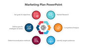 Hexagonal diagram with colorful sections, surrounded by six labeled circles with icons in red, blue, and orange hues.