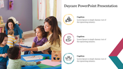 A vibrant daycare slide showcasing a teacher interacting with children during a craft activity, accompanied by captions.