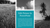 Black-and-white images of a meadow, sky, and beach surround a teal text section with title and placeholder text areas.