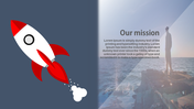 Split slide with a red rocket illustration on a dark background and a person on a rocky shore under sunlight on the right.