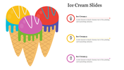 Three colorful ice cream cones with icons for descriptions on the right in red, yellow, and pink.