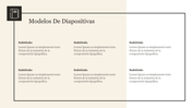 Modelos de diapositivas with six text sections in a black bordered box, and a notebook icon, on a beige and white background.