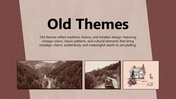 Old theme slide with vintage photos, sepia colors, brown grid background, bold fonts, and text holders.