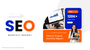 SEO Monthly Report with blue orange theme, charts, dashboards, shapes and editable text holders.