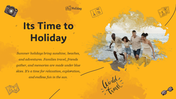 Slide design with combining handwritten-style text, a photo of friends on a beach, and sketch-style camera and ticket icons.