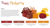 Thanksgiving template with gift boxes, a pumpkin, a handwritten greeting, and four captions in warm autumn tones.