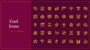 Set of cool icons for PowerPoint slide featuring various creative and artistic symbols on a maroon backdrop.