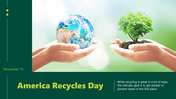 America Recycles day PPT template featuring hands holding Earth and a tree, with a recycling message on a green backdrop.