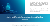 International computer security day slide with a digital lock and laptop graphic on a blue background.