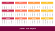 Yearly calendar for 2021 showing all twelve months, each highlighted in red, orange, or yellow headers.