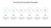 PowerPoint presentation template with six color coded icons connected in a loop with captions on a white backdrop.