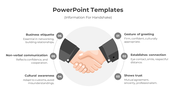 Business handshake illustration with six surrounding numbered sections detailing aspects of greeting, trust, and etiquette.