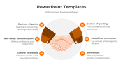 Business handshake infographic with six numbered points in orange circles explaining etiquette and communication.