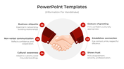 Business handshake illustration with six red numbered sections detailing aspects of greeting, trust, and etiquette.
