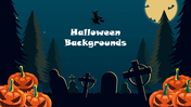 Halloween background with dark pine trees, jack-o'-lanterns, gravestones, full moon with bats, and a flying witch silhouette.