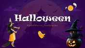 Halloween PPT with purple theme, witch girl, skull pumpkin, ghost, bats, shapes, and clean layouts for spooky insights.