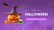 Halloween PowerPoint Theme purple slides pumpkin hat bats icons shapes text holders spooky layout.