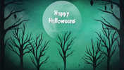 Halloween themed slide featuring silhouetted trees, a large moon, and text with a spooky font on a green background.
