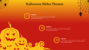 Spooky Halloween slide featuring yellow carved pumpkins, web designs, and spider icons, on a red gradient background.