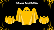 Cartoon Halloween template with trio of ghost characters, scary eyes, and black backdrop with yellow flame-like borders.