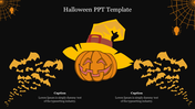 Halloween slide with a yellow pumpkin wearing a witch hat, bats flying across with spider webs, on a dark background.