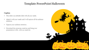 Halloween PowerPoint template with a spooky haunted house, flying witch, pumpkins, and a glowing yellow moon.