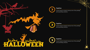 Halloween themed slide with a flying witch, bat, spiderwebs, and text, accompanied by three caption placeholders.
