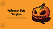 Halloween slide with an angry pumpkin illustration, featuring web designs on the corners, on an orange background.