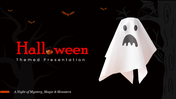 Halloween slides with black theme, ghost figure, bats, spooky trees, orange accents, icons, shapes, and clean layouts.