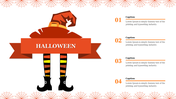 Halloween themed PPT slide with a witch's hat and striped legs, surrounded by spider webs and numbered text captions.